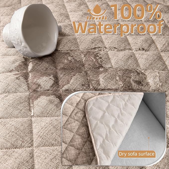 Dog Couch Cover for Sofa 100% Waterproof Faux Linen Sofa Covers for 3 Cushion - Image 3