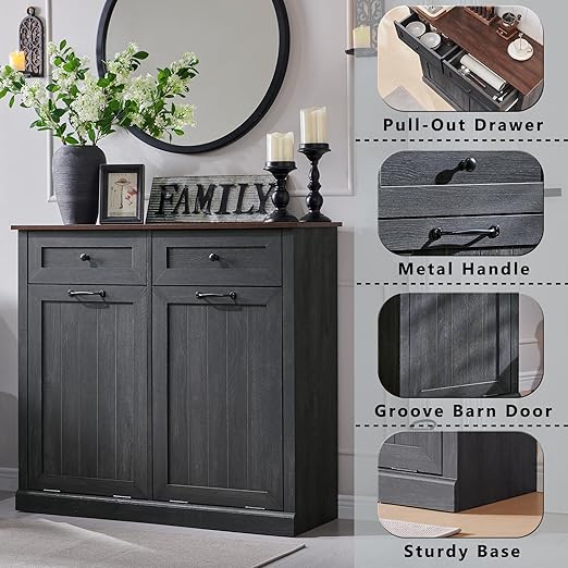 IFGET Double Tilt Out Trash Cabinet, 20 Gallon Farmhouse Laundry Hamper Cabinet - Image 3