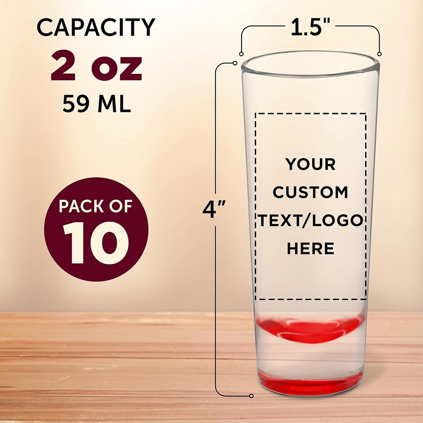 Custom Cordial Shooter Shot Glasses 2 oz. Set of 10, Personalized Bulk Pack - Great for Birthdays, Parties, Indoor & Outdoor Events - Red