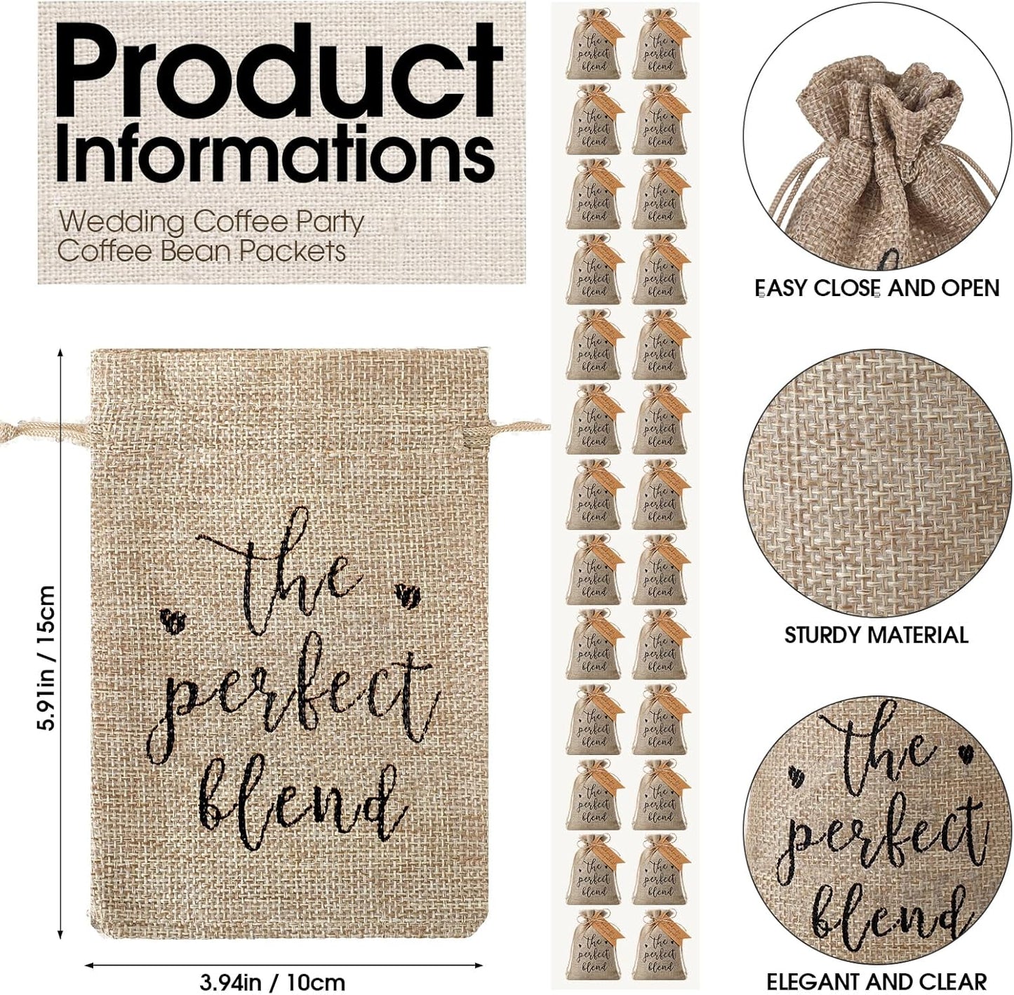 Fumete 25 Sets Wedding Coffee Party Favors for Guests the Perfect Blend Coffee Bean Bags Kraft Thank You Cards Organizer Reusable Burlap Bag and Twine Bridal Shower Souvenirs Gift, No Beans