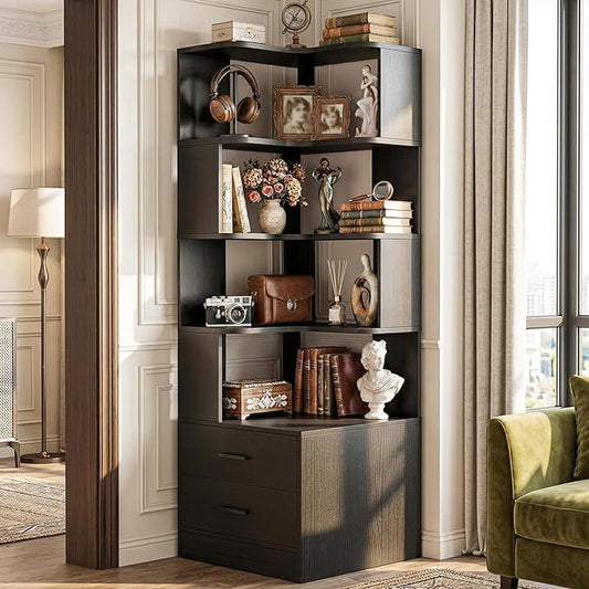 Armocity Corner Bookshelf with Drawers, 7 Tier Corner Book Shelf Display by Armocity