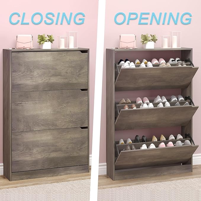 BORNOON Shoe Cabinet with 3 Flip Drawers, Hidden Wood Shoe Cabinet, - Image 5