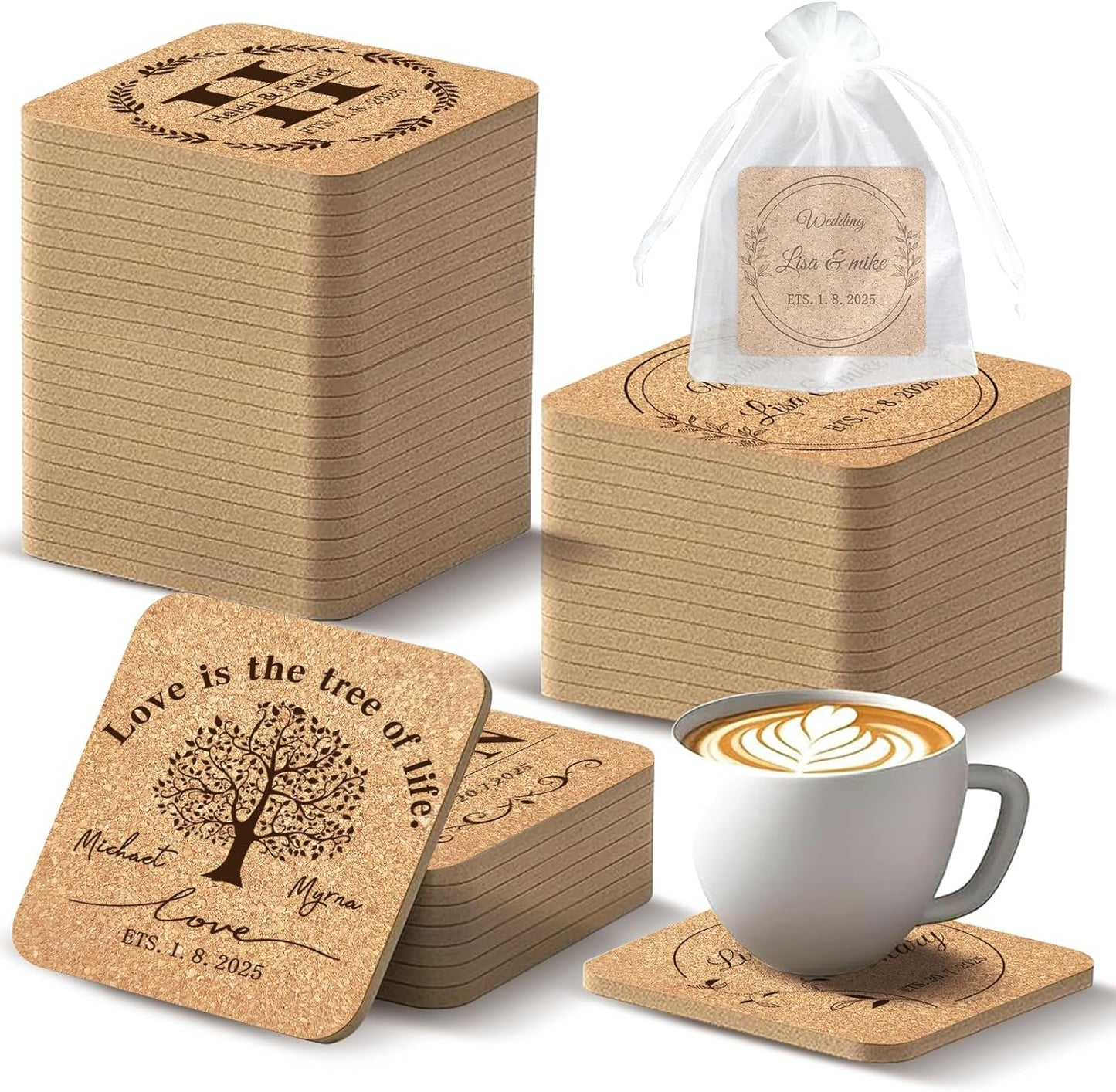 Custom Coasters Personalized Cork Coasters Bulk with Logo Wedding Personalized Cork Natural Wood Engraved Drink for Wedding Favors (Cork Coasters - Square)