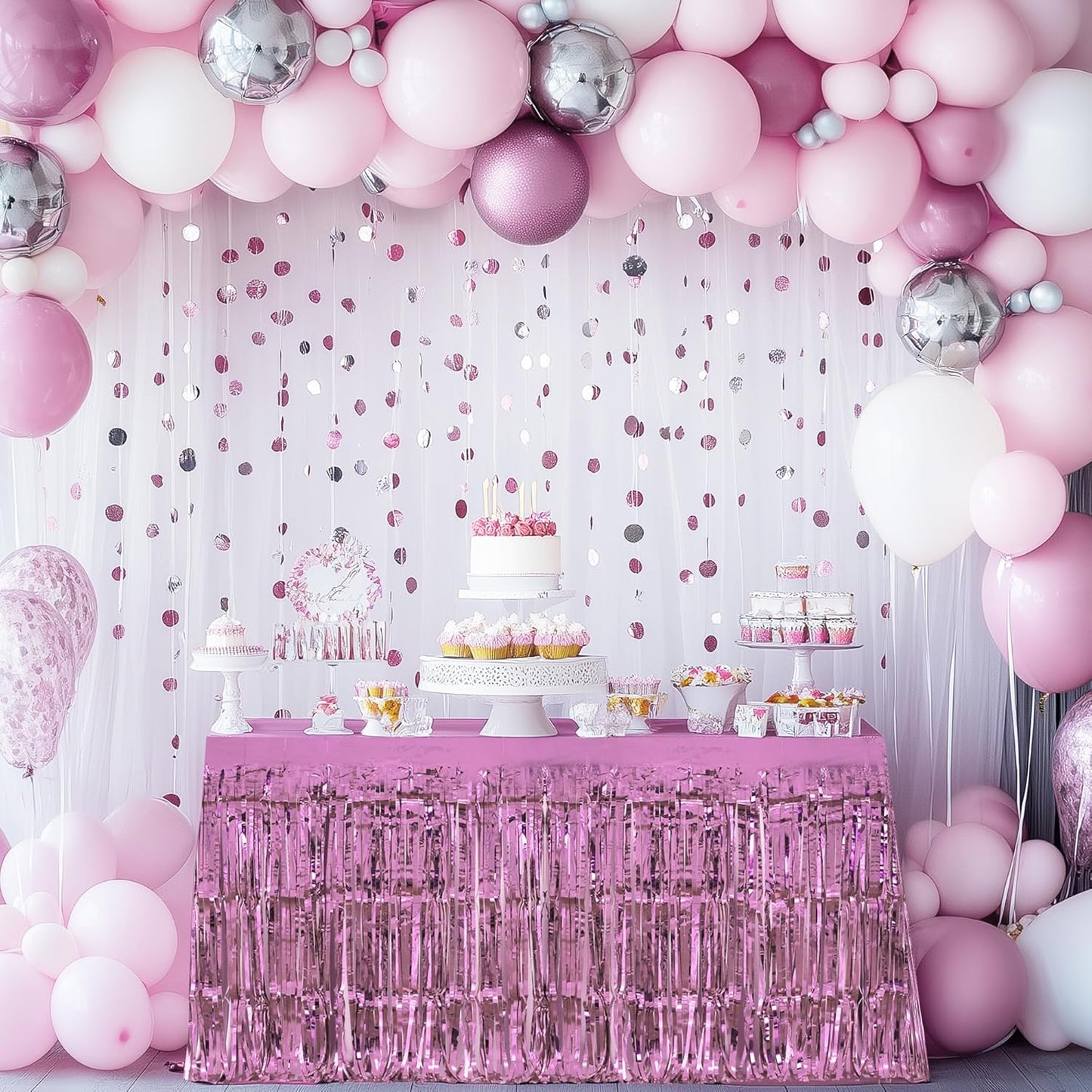 2 Pack Light Pink Green Table Skirts, 29x108" Metallic Foil Tinsel Fringe Table Skirt for Rectangle Tables Streamer Curtains Backdrop, Party Decorations for Birthdays, Weddings, Holidays