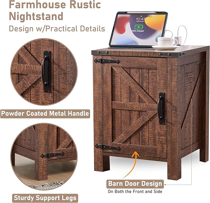 OKD Nightstand w/Charging Station, 18 Inch Farmhouse End Table w/Barn Door and - Image 5