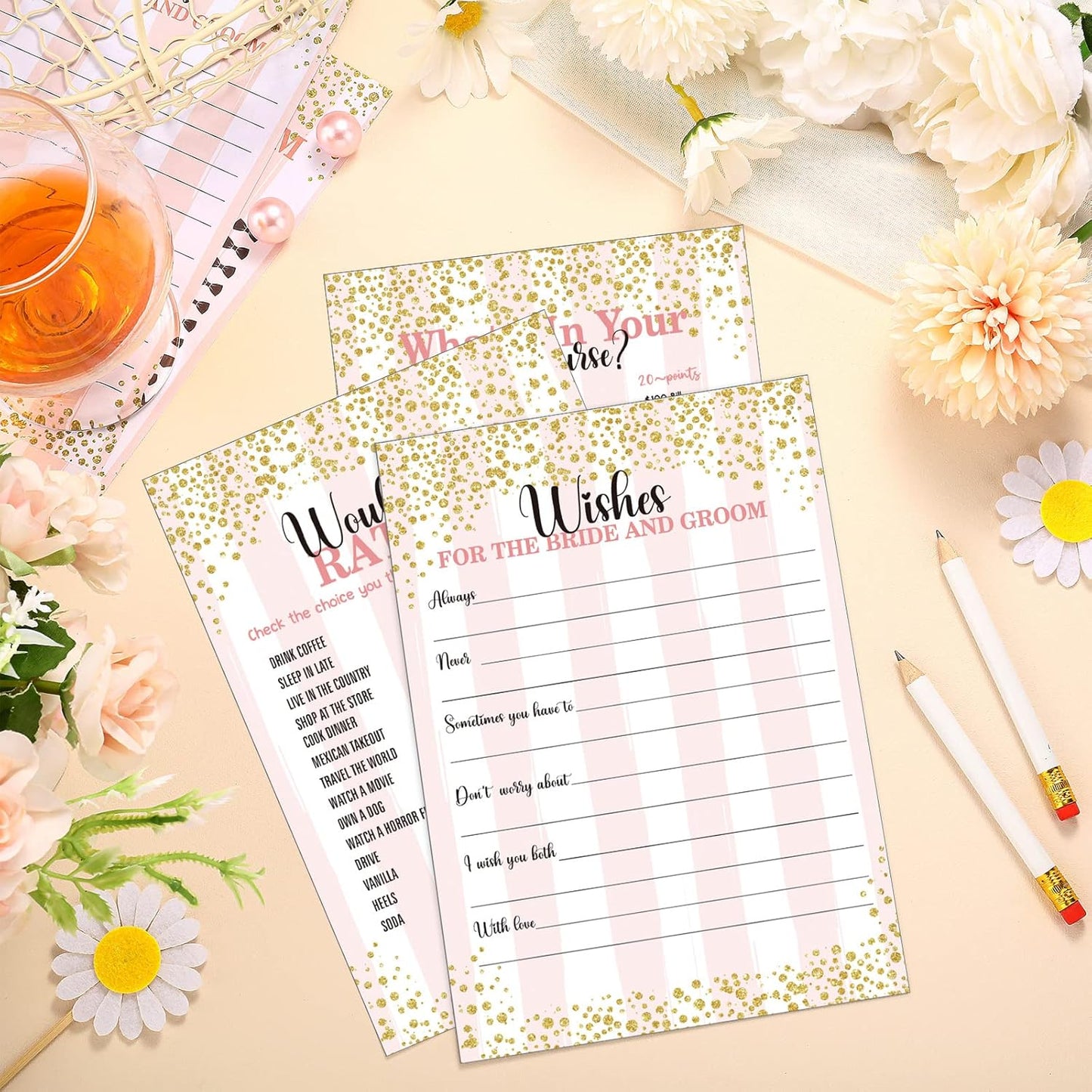 Teling 145 Pieces Bridal Shower Game Bridal Shower Favors Set Wedding Games Cards and Pencils for Bride Groom Bachelorette Party Wedding Party Favor(Confetti Style)