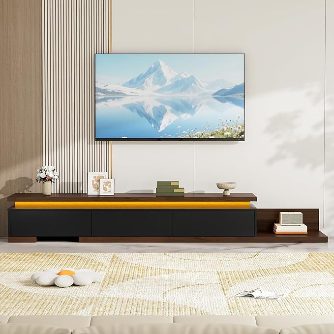 Extendable TV Stand with LED Lights, Modern TV Console with 3 Drawers, Wooden - Image 8
