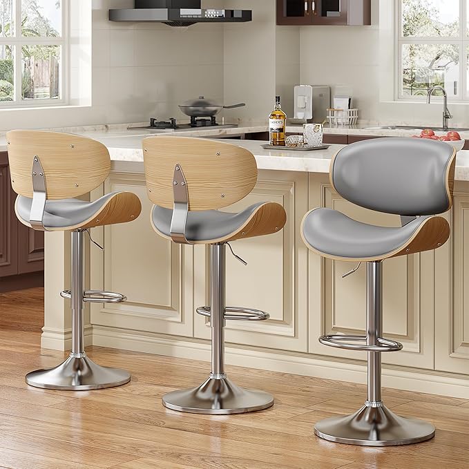 YaFiti Bar Stools Set of 3, Bentwood Adjustable Height Swivel Bar Stools by YaFiti