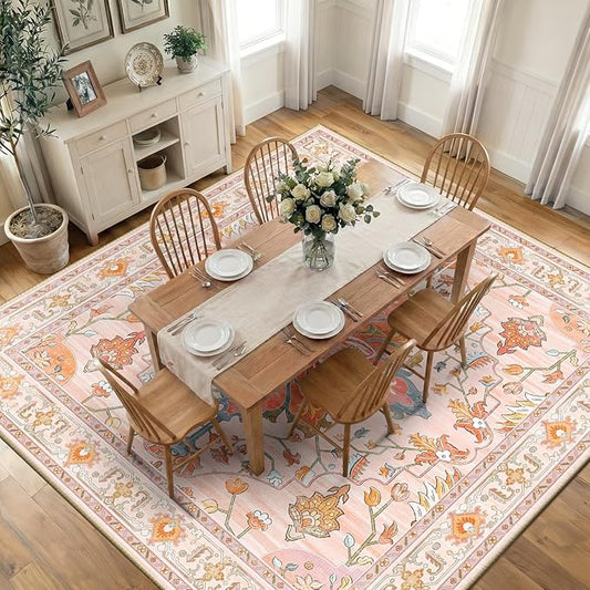 RELEANY Area Rugs Square 10ft Washable Non-Slip, Floral Vintage Distress Print by RELEANY