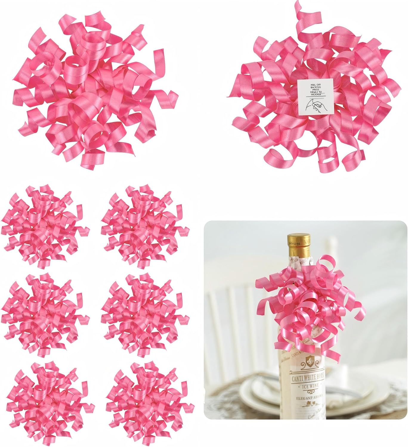 5'' Hot Pink Gift Bow Curly Ribbon Bows Set of 8, Double Faced Satin Ribbon Bow Premade Self Adhesive Bow Decorations for Party, Wedding, Holiday, Gift Bows for Crafts, Wine Bottle, Presents