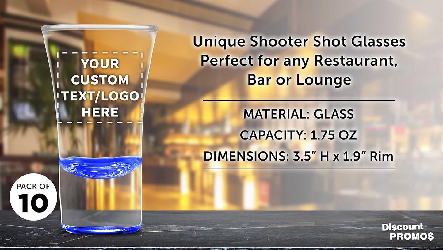 Custom 2 oz. Lord Shooter Etched Shot Glasses, 10 pack, Personalized Text, Logo, 21st Birthday Party, Lounge Glassware, Blue