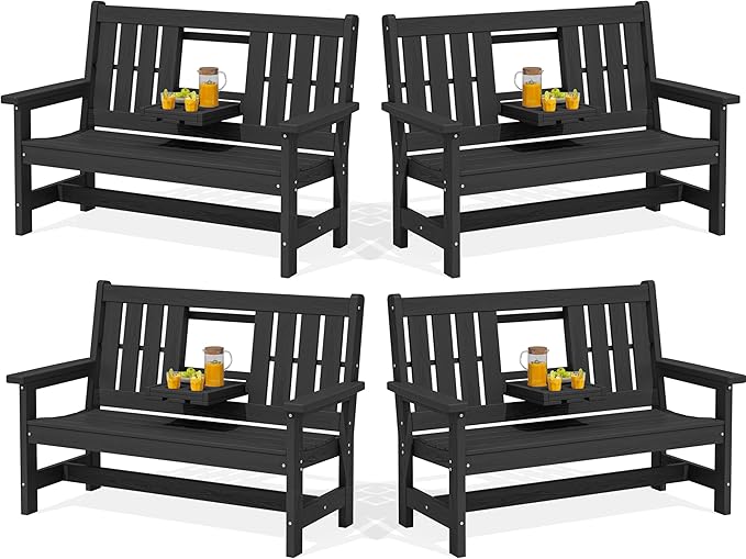 SERWALL Outdoor Bench with Cup Holder, Oversized 58" HDPE Porch Bench Suitable by SERWALL