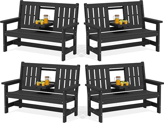 SERWALL Outdoor Bench with Cup Holder, Oversized 58" HDPE Porch Bench Suitable by SERWALL