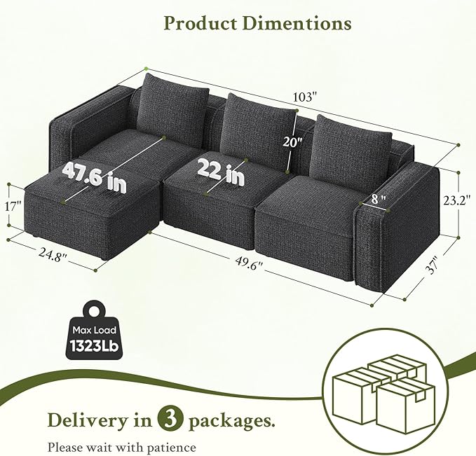 Welzona 103" Sectional Couch, Locked-in Modular Sectional Sofa, Wood Frame - Image 2