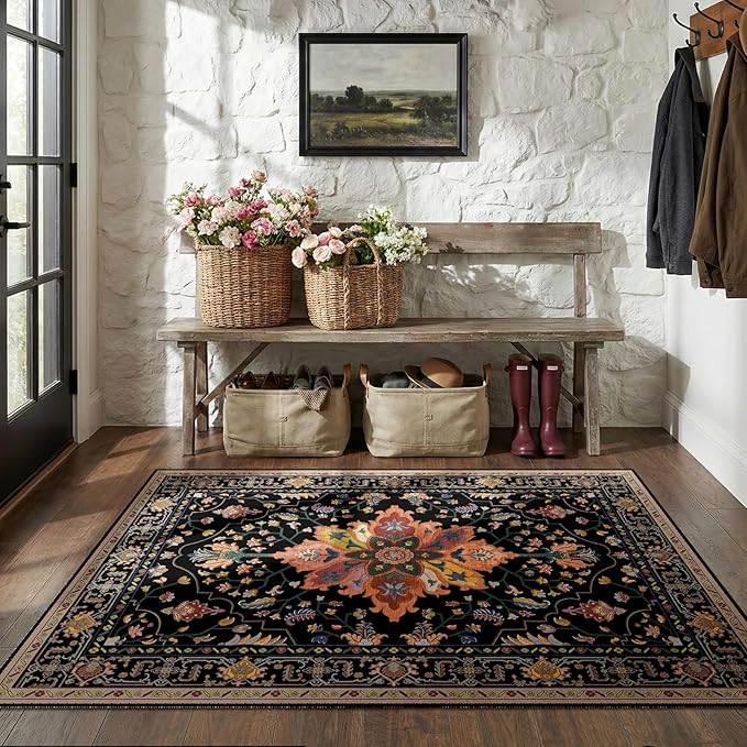 RELEANY Area Rugs 4'x5' Washable Non-Slip, Floral Vintage Distress Print - Image 2