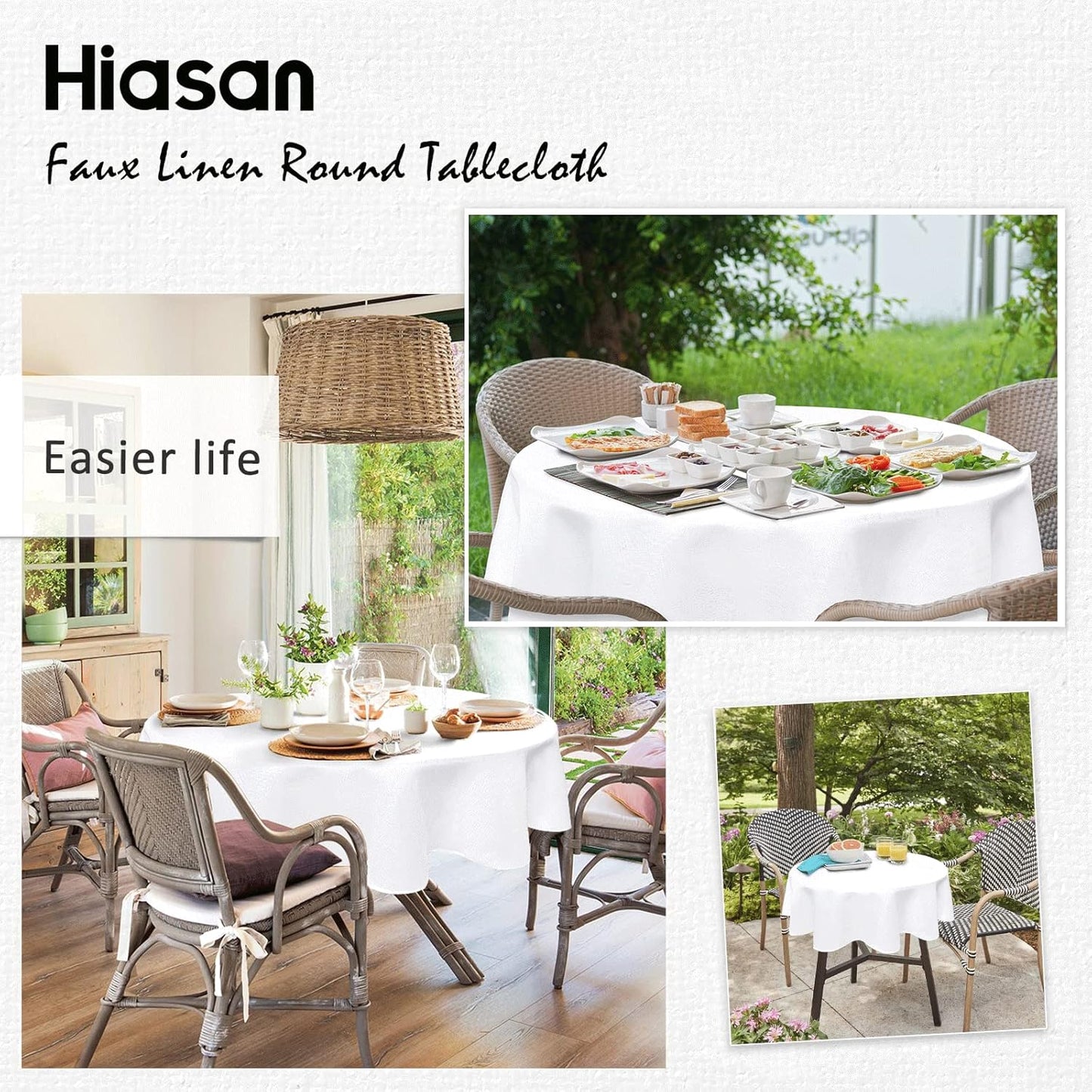 Hiasan Round Linen Tablecloth 60 Inch - Wrinkle and Stain Resistant Washable Polyester Fabric Table Cloth for Dining Room Kitchen Party, White