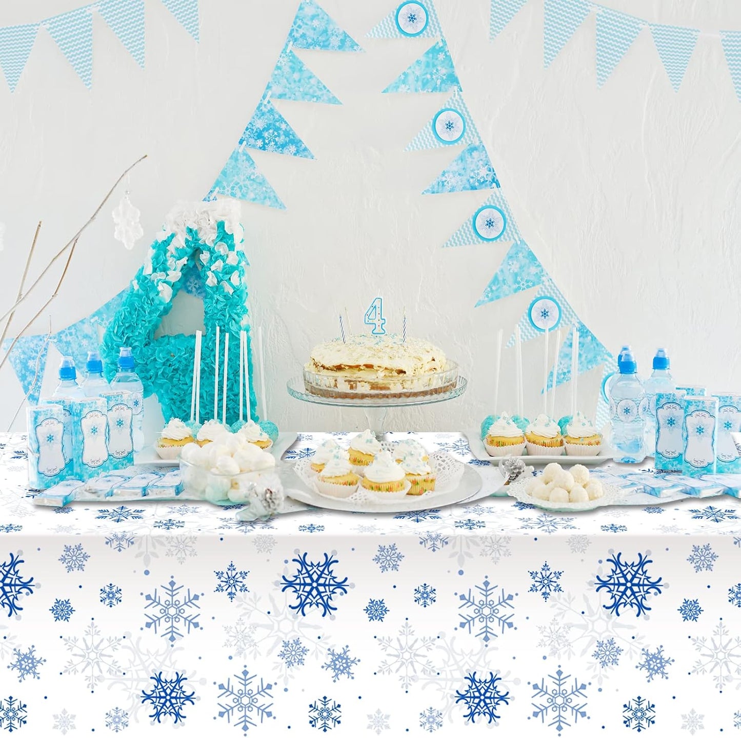8 Pieces Snowflake Christmas Party Tablecloth Decorations,Plastic White Snowflake White Blue Xmas Backdrop Sign Table Cover Banner for Winter Christmas Holiday Party Supplies,54x108 inch（White/Blue）