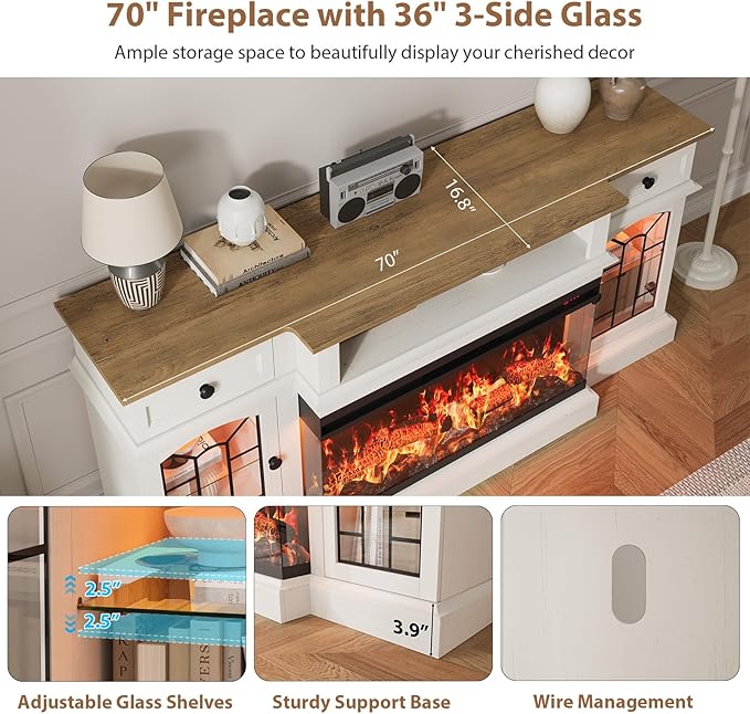 QUW 70" Farmhouse Fireplace TV Stand - Image 7