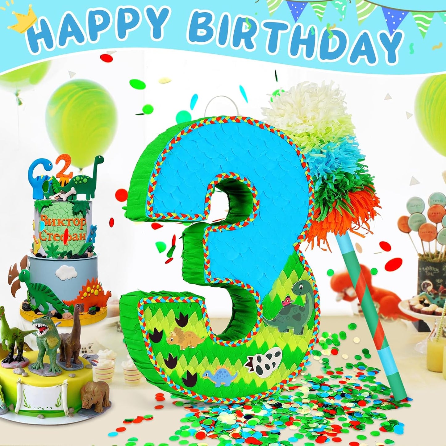 Number 3 Pinata for Birthday Party Decorations, Jungle Dinosaur Piñata Games Toy (3th)