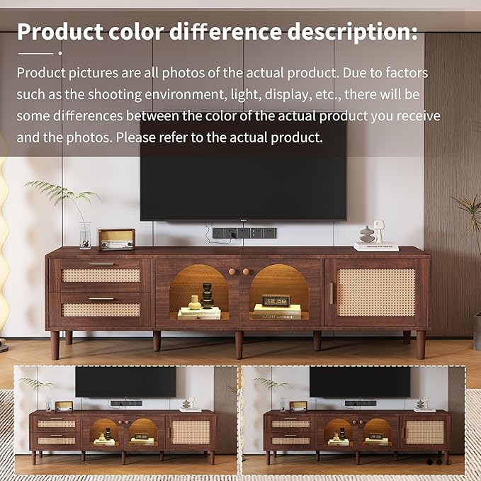 Merax Rattan TV Stand with LED Lights, Solid Wood Feet, Living Room, Bedroom - Image 7