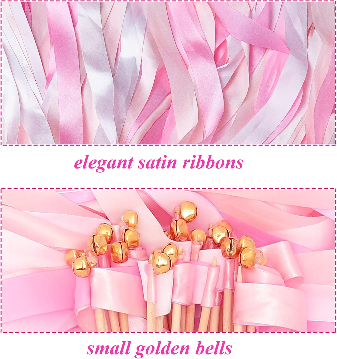 60 Pieces Wedding Colorful Ribbon with Bells, Party Ribbons Streamers Sticks Magic Wish Fairy Wand for Wedding Party Holiday Activities Favors (Pink-100)