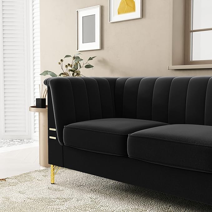 83.46" W Black Velvet Sofa Couch - Image 3