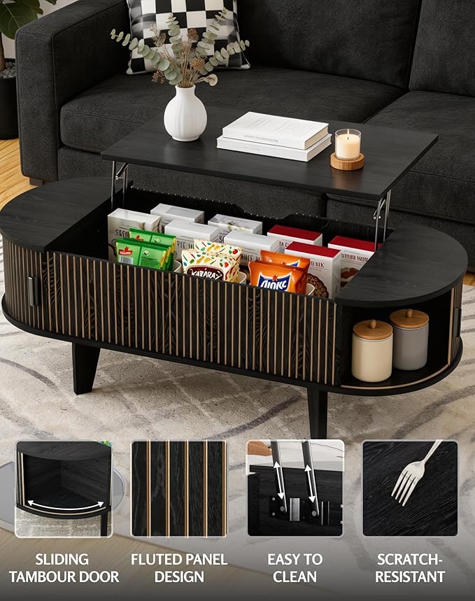 Oval Coffee Table with Storage, 47.2" Fluted Lift Top Coffee Table with 180° - Image 3