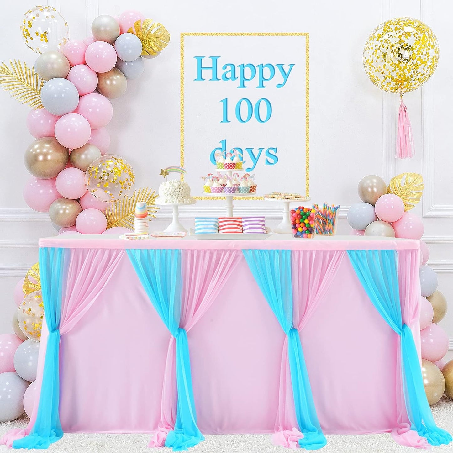 9ft Pink and Blue Gender Reveal Table Skirt for Baby Shower Boy or Girl Tulle Tutu Table Cloths Cover for Birthday Party Wedding Dessert Buffet Banquet Table Decorations