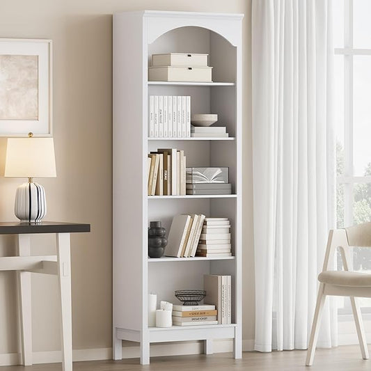 Arched Bookshelf with 5 Tier Open Shelves, Study and Living Room, Modern White by JMHDYG