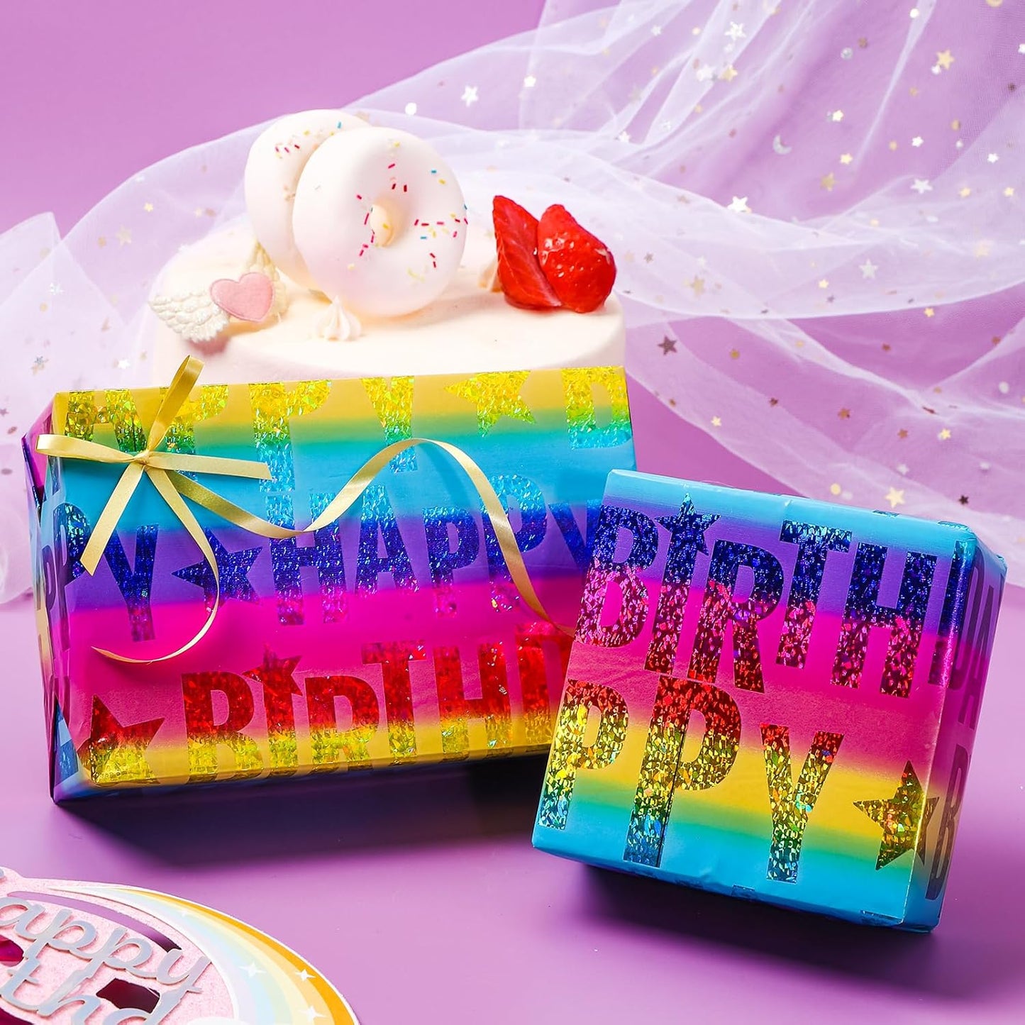 LeZakaa Holographic Birthday Wrapping Paper Roll, Happy Birthday Lettering with Colorful Stars, Rainbow Metallic Foil, with Cut Lines, for Boys Girls, Mini Roll, 17 inches x 32.8 Feet