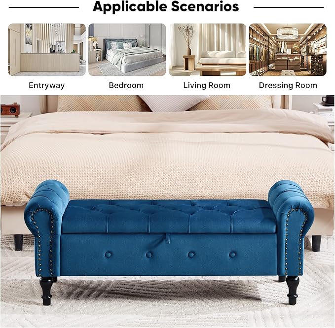 Storage Bench for Bedroom, Velvet 51" End of Bed Bench, Queen Size Bench - Image 6