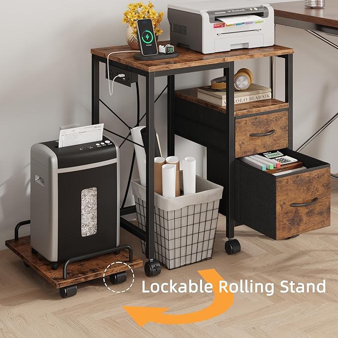YAOHUOO Printer Stand with Power Outlet/Fabric Drawers, Printer Cabinet with - Image 2