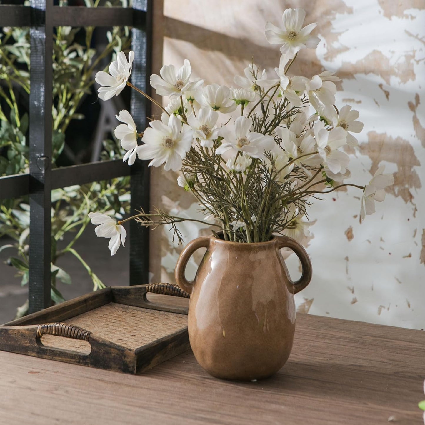 Brown Ceramic Vase with 2 Handles for Modern Farmhouse Home Decor, Vintage Rustic Decorative Vases, Small Vase for Fresh and Dried Flowers, Centerpiece Table Decorations, 7 Inch