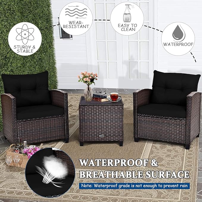 COSTWAY 3PCS Patio Furniture Set, PE Rattan Wicker Sofa w/Washable Cushion and - Image 6
