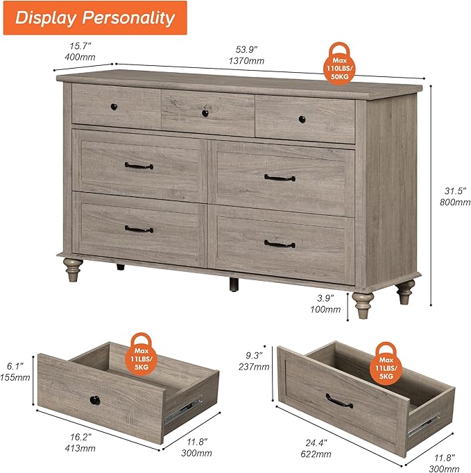 WAMPAT Grey 7 Drawers Dresser for Bedroom, Wide Chest of Drawers Kids Dresser - Image 2