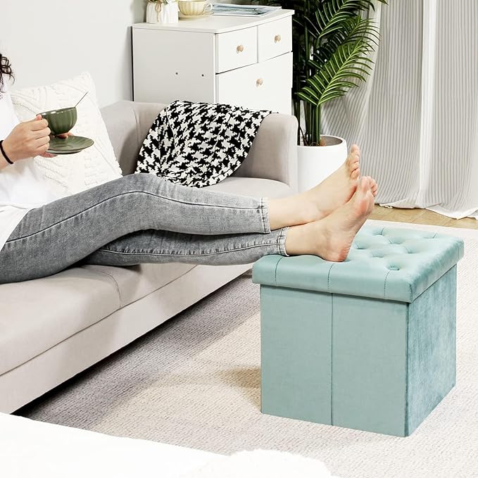 B FSOBEIIALEO Storage Ottoman Cube Velvet Tufted Folding Ottomans Footstool - Image 5