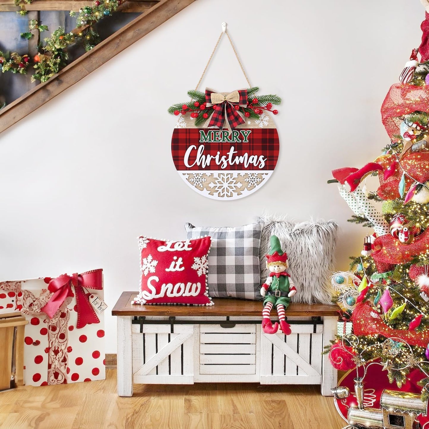 CHDITB 3D Merry Christmas Front Door Sign Wreath(11.4”), Red Black Bufflao Plaid Christmas Decoration Wall Hanging with Snowflakes Berries Mistletoe, Rustic Farmhouse Xmas Decor for Home Winter Party