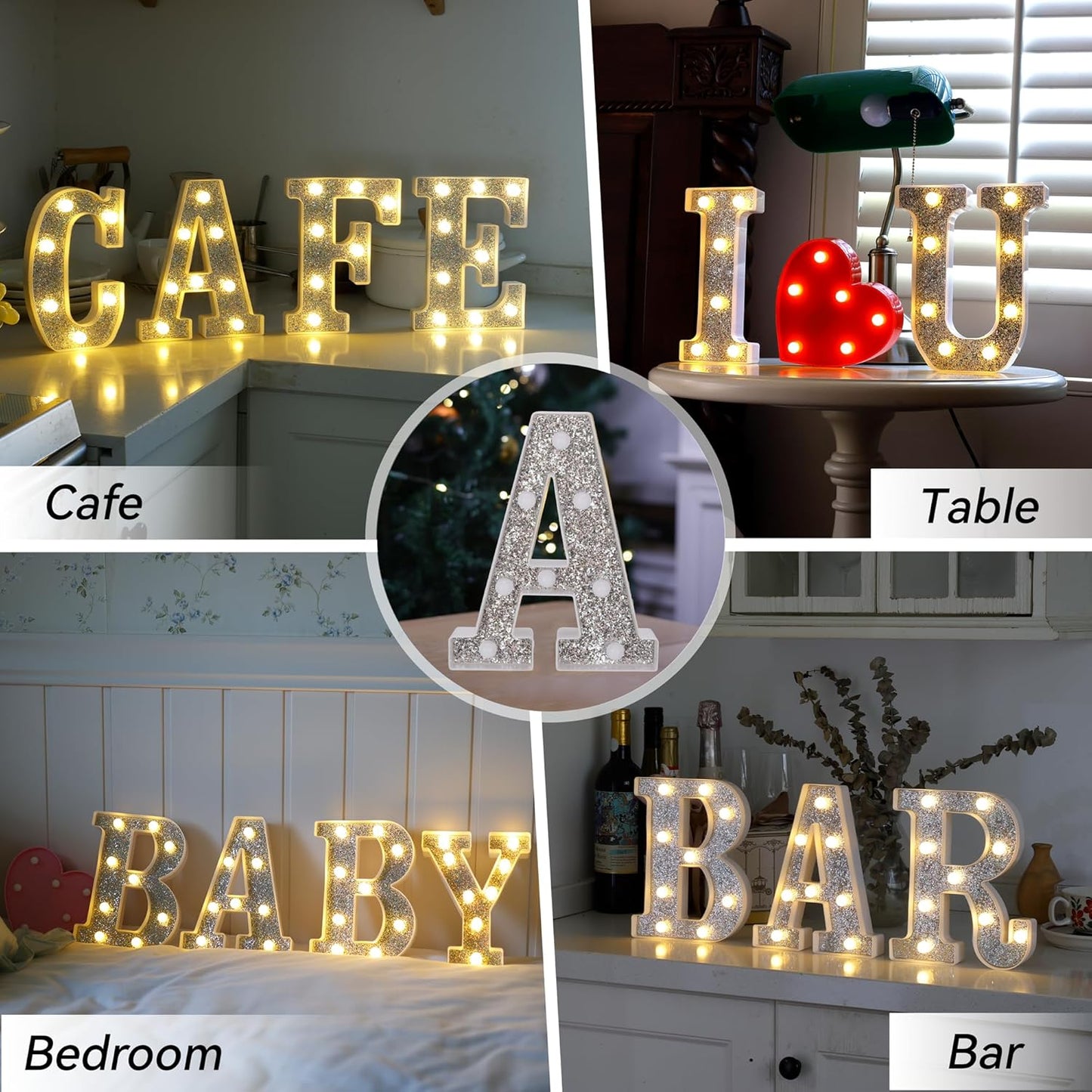 Marquee Light Up Letters, Glitter Silver LED Letter Lights Battery Powered Alphabet Letter Sign for Night Light Wedding Birthday Party Cafe Bar Decoration Girls Room Decor - B