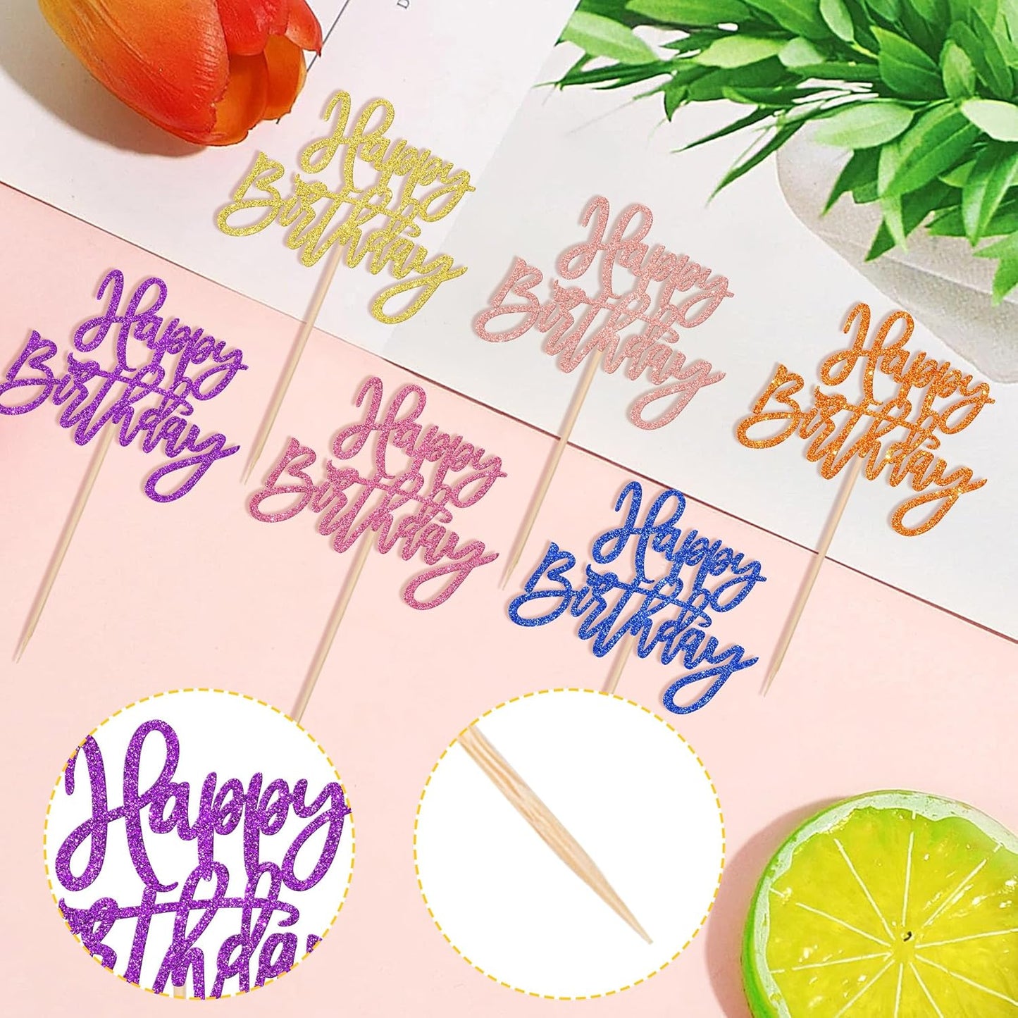 24 PCS Happy Birthday Cupcake Toppers - Multi 6 Colors Glitter Picks for Celebrating Anniversary Theme Party Cake Decorations Supplies