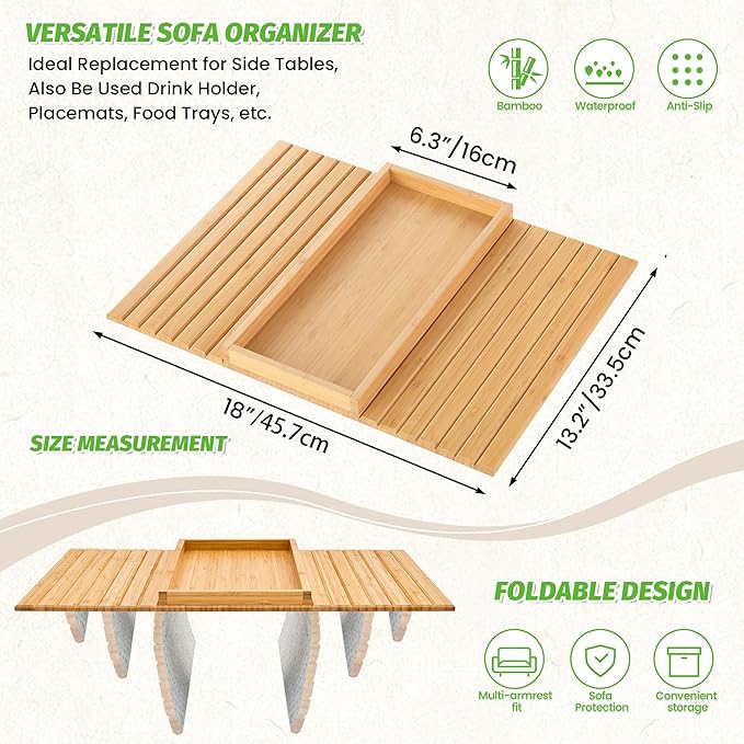GEHE Bamboo Sofa Arm Tray, Foldable Couch Arm Tray Side Table, Anti-Falling - Image 9