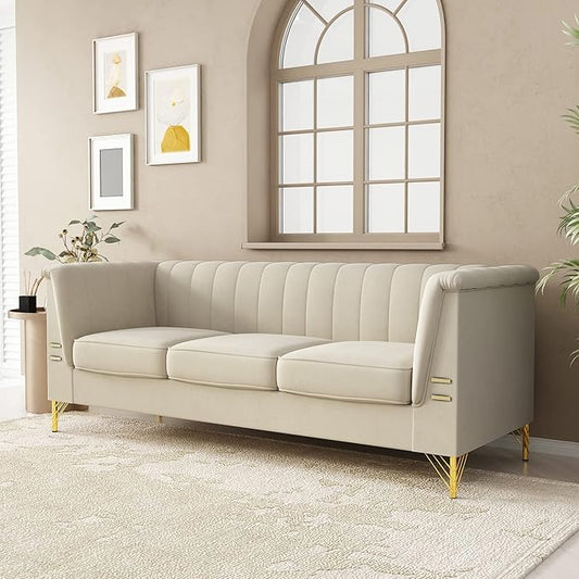 83.46" W Beige Velvet Sofa Couch by yunqishiHOME