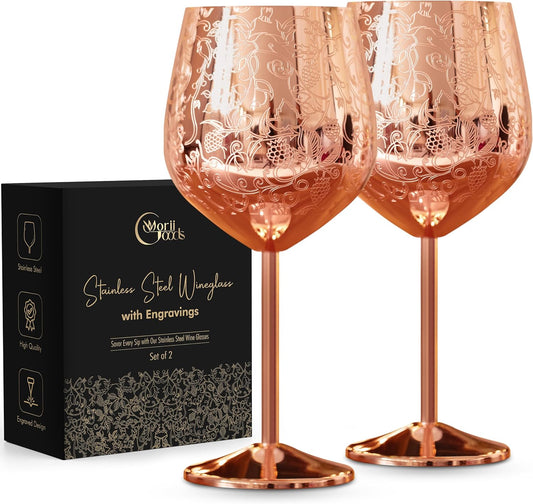 Stainless Steel Wine Glasses – Set of 2 Etched 16 oz Metal Goblets, Unbreakable Rose Gold Cups for Camping, Travel, Outdoor Events, Picnics, Luxury Wine Gifts for Women and Men