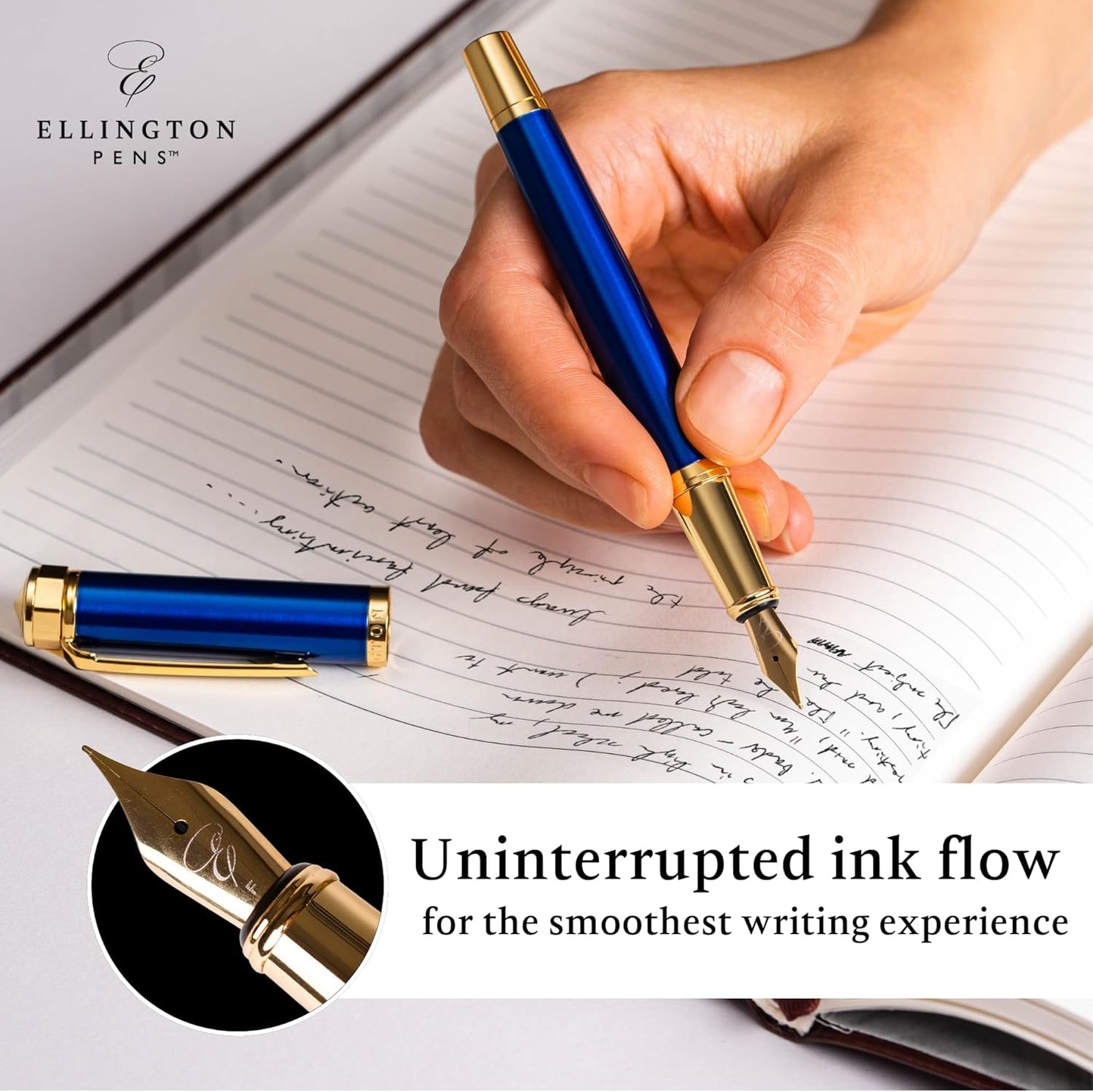 Ellington Pens Luxury Fountain Pen Set- Fountain Pens for Writing - Smooth Fine Nib - Includes Refillable Ink Converter, 3 Ink Cartridges [Black & Blue], Gift Box - Elegant Calligraphy