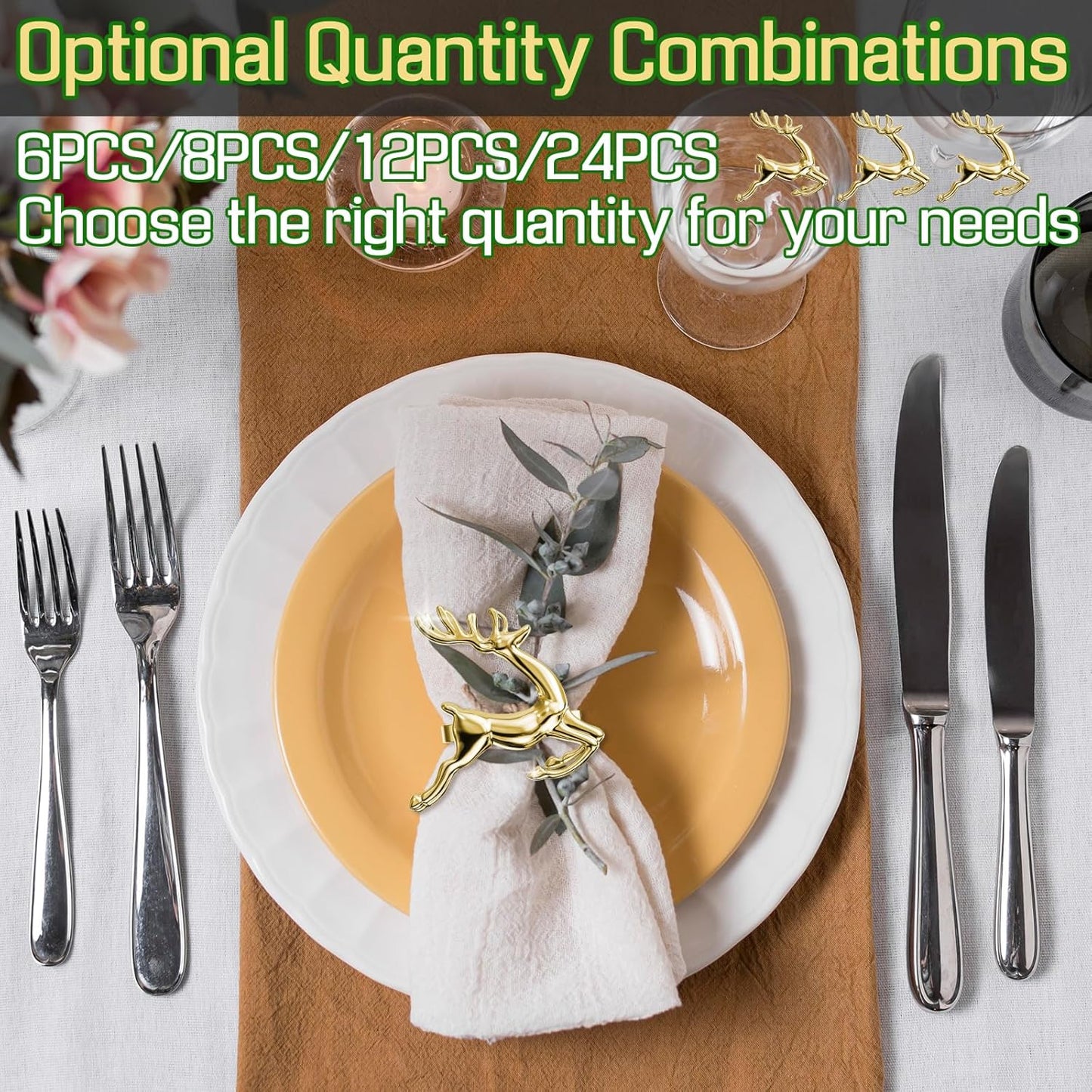 ZeeDix Gold Reindeer Christmas Napkin Rings Set of 24, Napkin Holder Ring for Christmas Dinner Table Decor Cloth Napkins, Wedding Receptions, Holiday Party, Banquet and Home Kitchen