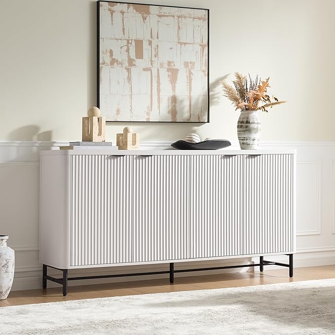 Fatmok 65" Buffet Cabinet with Storage, Fluted Credenza Sideboard with 4 Doors - Image 3