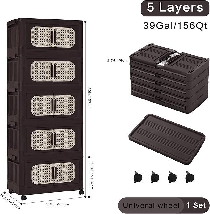 Folding Storage Cabinet with Wheels, 5-Tier Narrow Retro Brown Storage Tower - Image 2