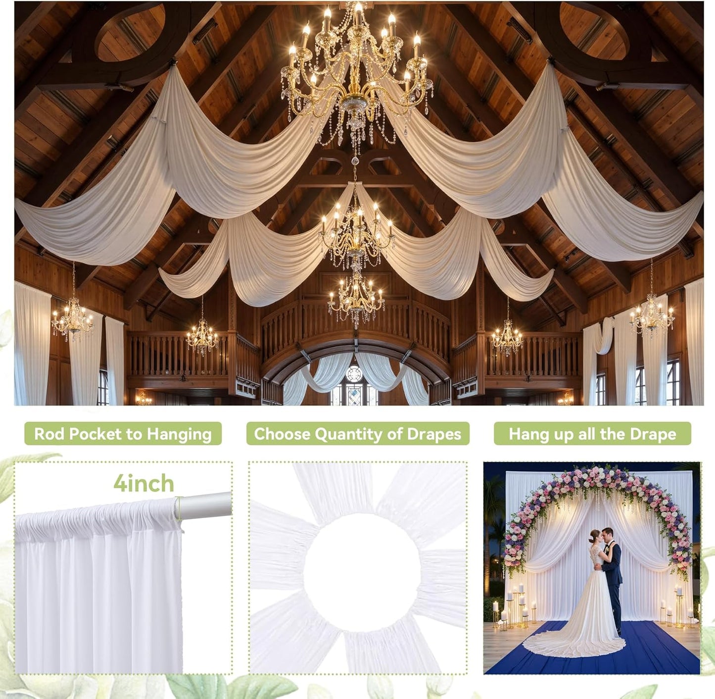 PartyVillage 60ft×15ft White Backdrop Curtain for Wedding Parties, 12 Panels Wrinkle Free 15 FT Long Polyester Photo Backdrop Drapes Back Drop Cloth for Birthday Photography Background