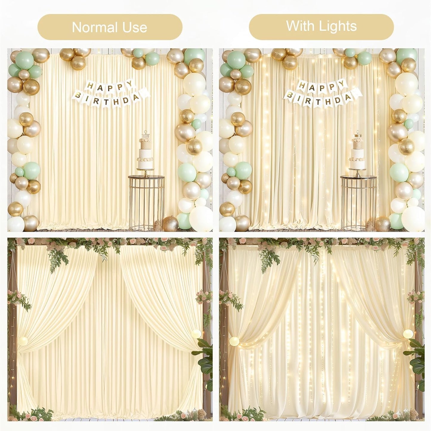 Light Champagne Backdrop Curtains with Lights String for Parties,10x10FT Wrinkle Free Wedding Photo Backdrop Curtains for Baby Shower Birthday Ceremony Reception Home Party Decorations-5ft x 10ft
