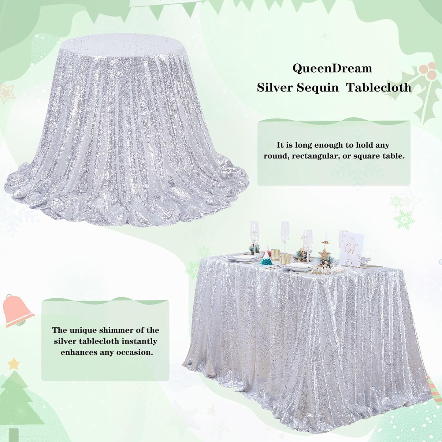 QueenDream Sequin Tablecloth 60x102 Inch Silver Tablecloth Christmas Glitter Tablecloth 6ft for Baby Shower Party Christmas Decorations