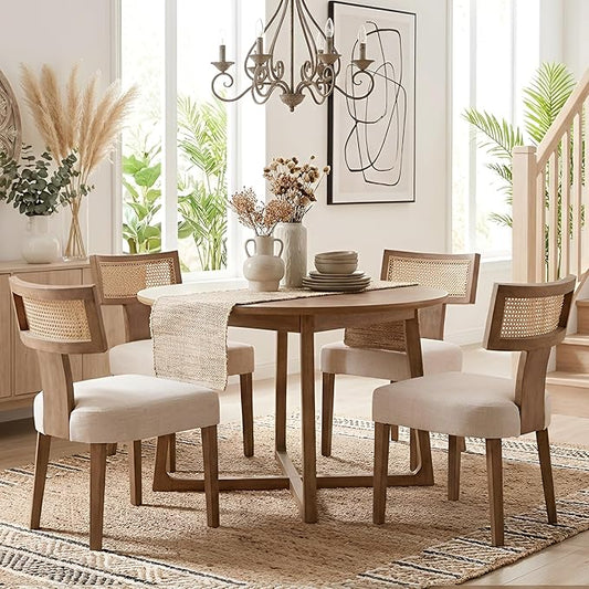 HNY Mid Century Modern Rattan Dining Chairs Set of 4, Farmhouse Linen by HNY